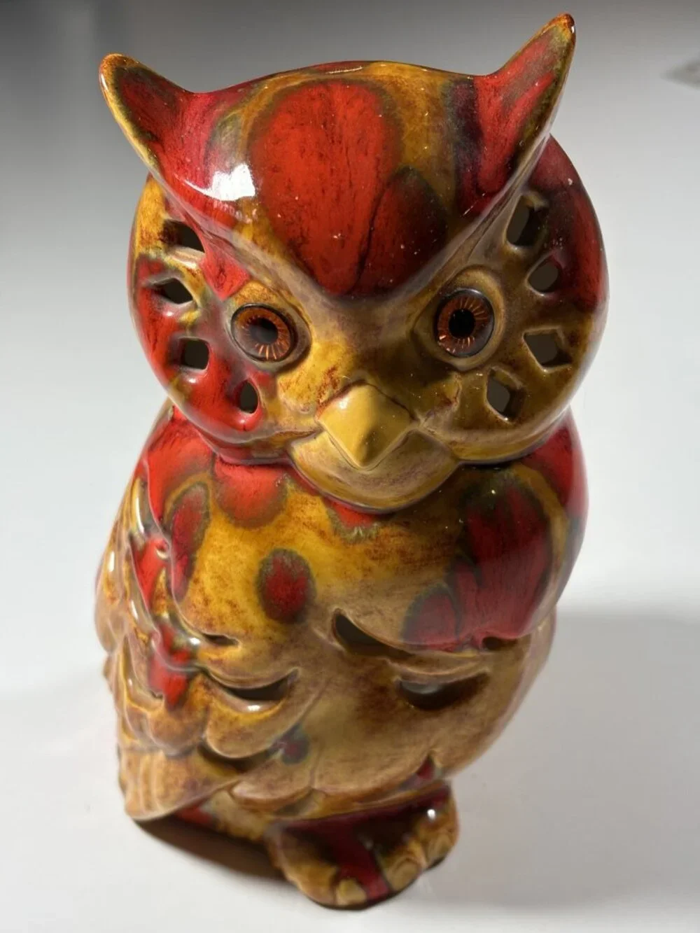 Vintage Ceramic Owl Tea Light Holder Handcrafted Red Brown Glazed Luminary 7" - Picture 1 of 10